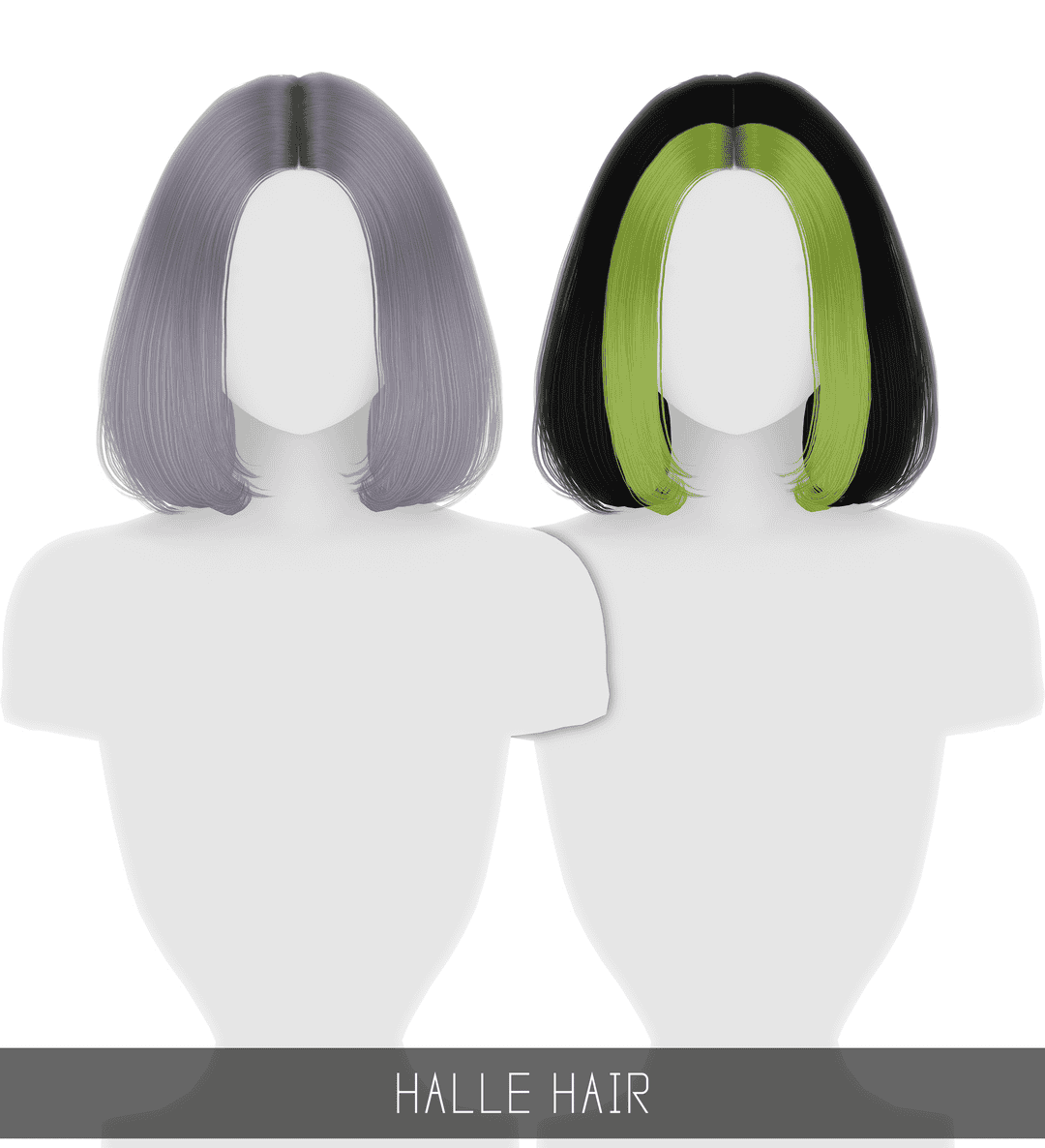 Silky gray and black hair extensions with green highlights showcased in a digital illustration, perfect for hair styling and hair extension enthusiasts.
