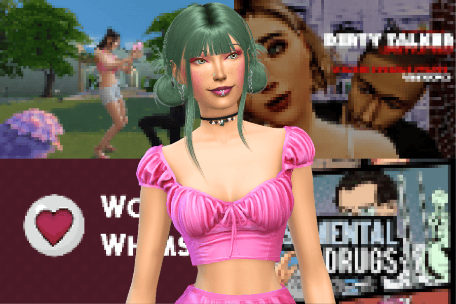 Cute virtual avatar girl with green hair in pink top for Sims mod showcase on Must Have Mods website.