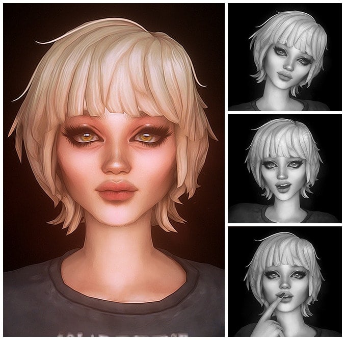 Blonde short hairstyle 3D rendered female avatar with detailed facial features and makeup for digital character design.