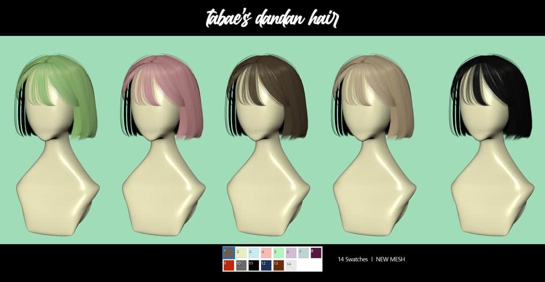 Vibrant synthetic dandan hair wigs in various colors on mannequin heads for cosplay and fashion styling.