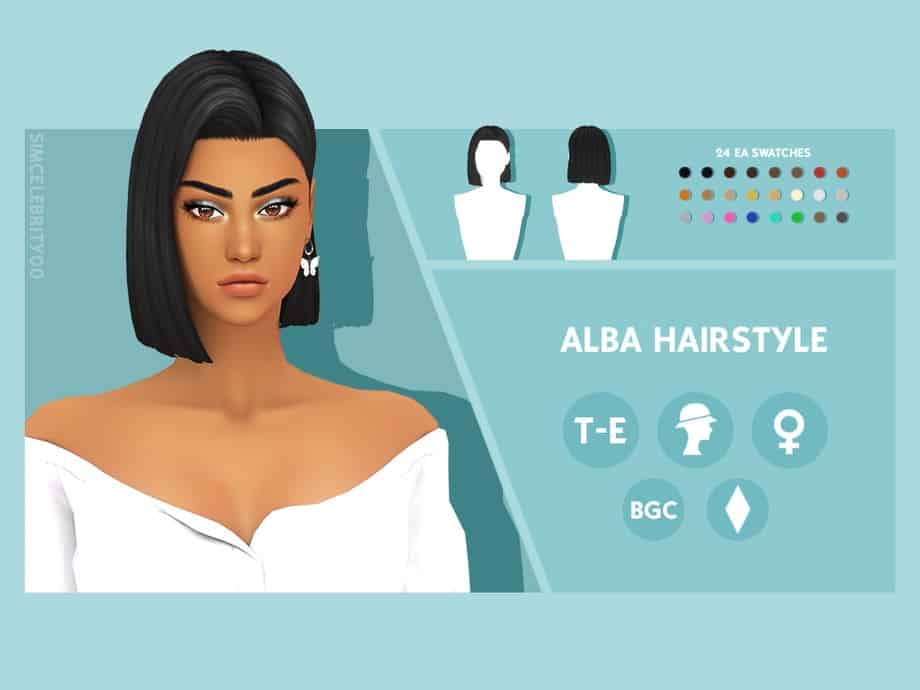 Natural black bob hairstyle with customizable hair colors and styles for avatars. Perfect for virtual worlds and gaming mods. Includes options for hair texture and color swatches.