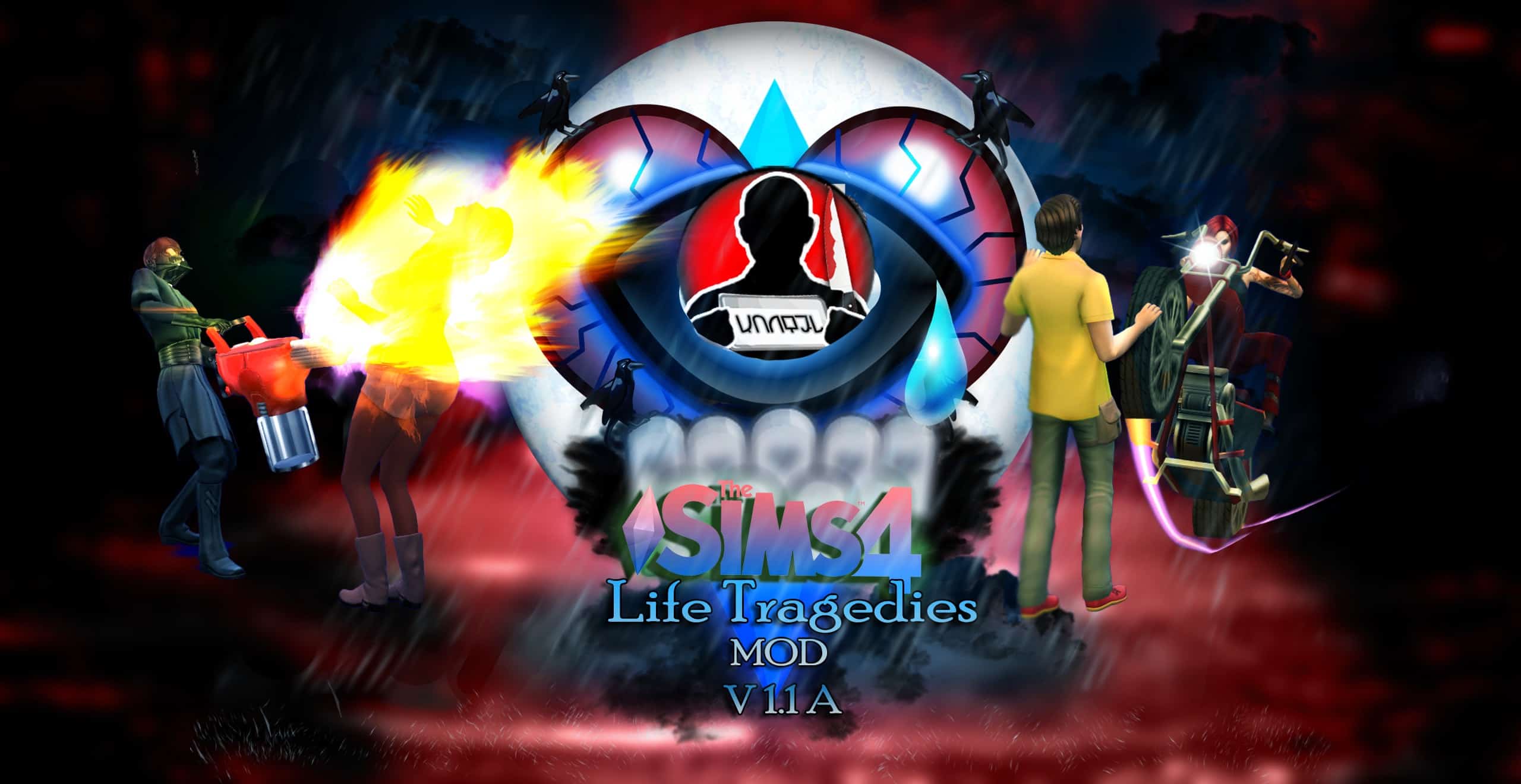 Fire-themed chaos with characters from The Sims 4 Life Tragedies mod in action, showcasing intense battles, destruction, and chaos effects for immersive gameplay enhancements.