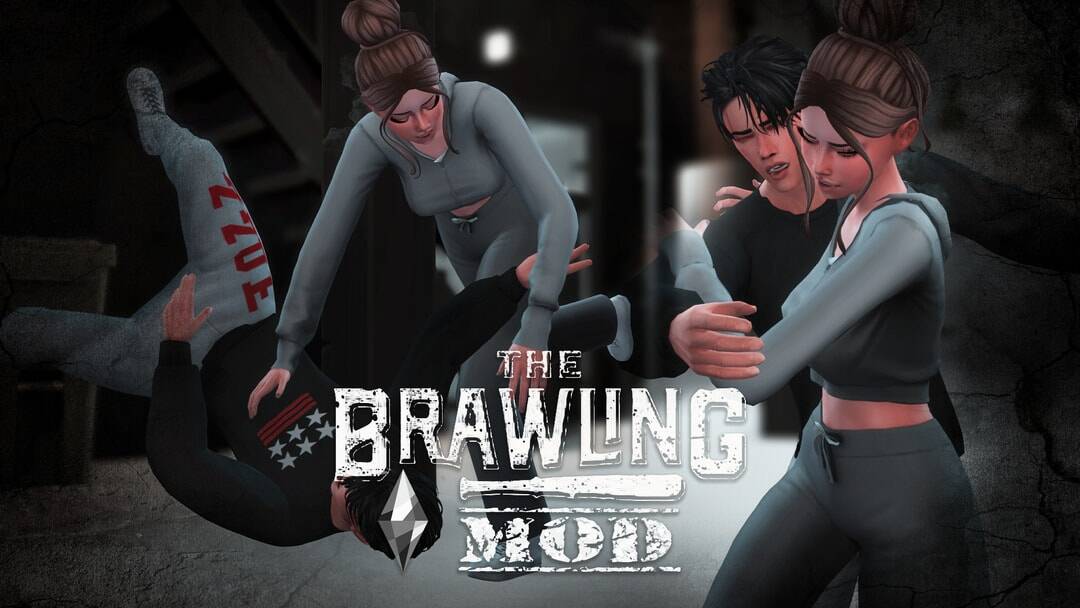 Female characters engaged in wrestling combat from The Brawling Mod in a fight scene, emphasizing realistic fighting animations, tough sportswear, and intense emotional expressions for immersive gaming visuals.