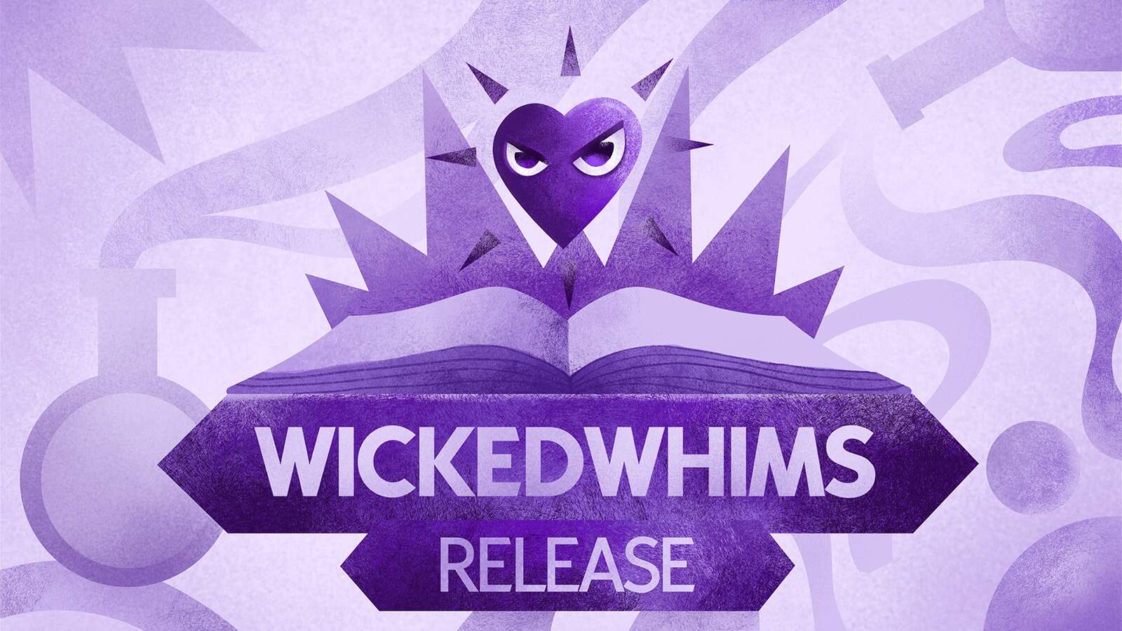 Vicious purple heart character with angry eyes emerging from an open book, symbolizing the Wicked Whims game release announcement for Sims mods, with a purple toned background.