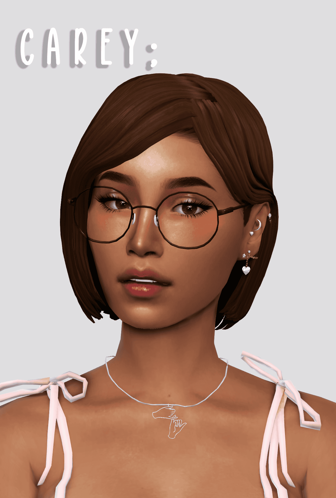 Glasses accessory for virtual avatars, female digital character with stylish short brown hair, jewelry, and trendy outfits, emphasizing fashion and gaming avatar customization.