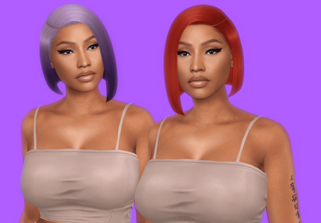 Vibrant red and lavender-colored women with sleek, straight hairstyles and stylish beige tank tops against a purple background, showcasing popular hairstyle and fashion mods.