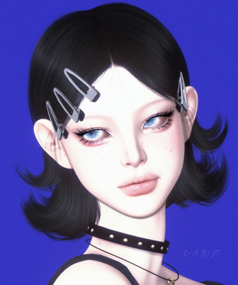 Black hair with claw clips, digital art, anime-inspired girl, edgy fashion, modern character design.