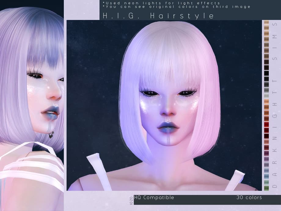Vaporwave-inspired high-tech in-game character with pastel pink bob hairstyle, neon makeup, and futuristic aesthetic for Sims 4.