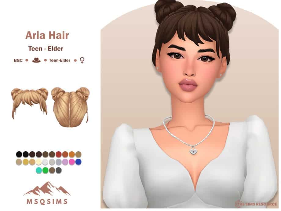 Aria hair for Sims 4, suitable for teen to elder female characters, featuring double bun hairstyle in various color options, ideal for customizing Sims fashion and style.