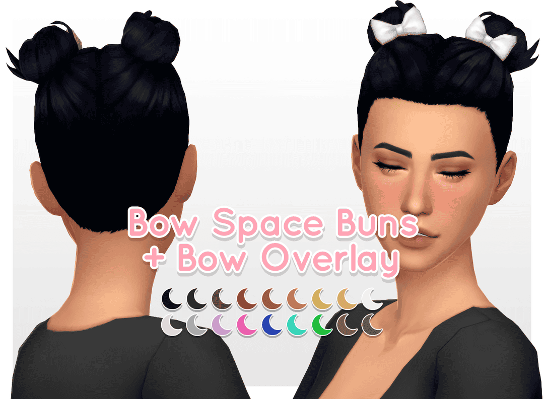 Bow Space Buns hairstyle with Bow Overlay for Sims 4, featuring various colors perfect for customizing your character's look. Ideal for creative virtual makeup and fashion mods.