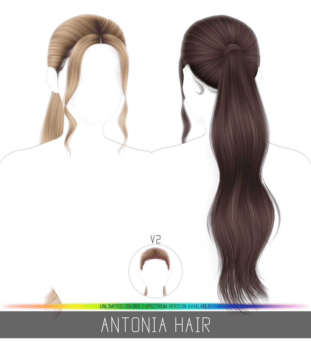 V2 Antonia Hair digital hairstyle illustration for customizable hair color options and styling ideas.