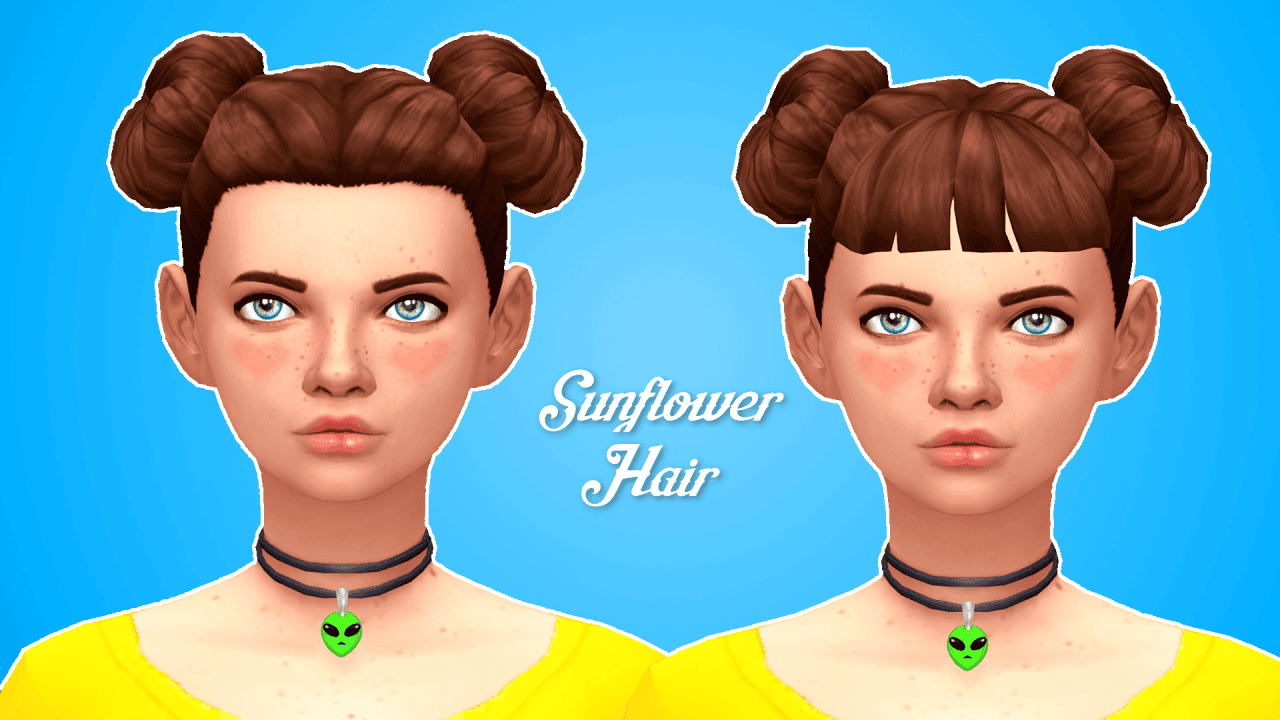 Brown sunflower hairstyle for Sims with double buns, featuring bangs and accessories for custom hairstyle options for female characters.