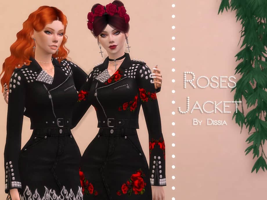 Roses jacket by Dissia featuring floral embroidery, punk-inspired studded details, and black denim design, perfect for fashion-forward virtual avatars and Sims 4 customization.