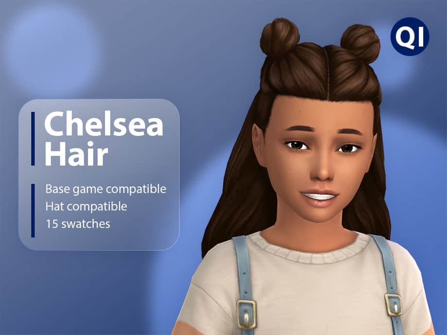 Chelsea Hair mod for The Sims 4, with 15 new swatches and compatibility for base game and hat accessories, perfect for customizing your sims’ hairstyles.