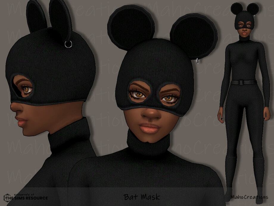 Bat mask cosplay for Sims, black bat ears headgear, costume accessory, Halloween themed hat, must-have mods for Sims character customization.