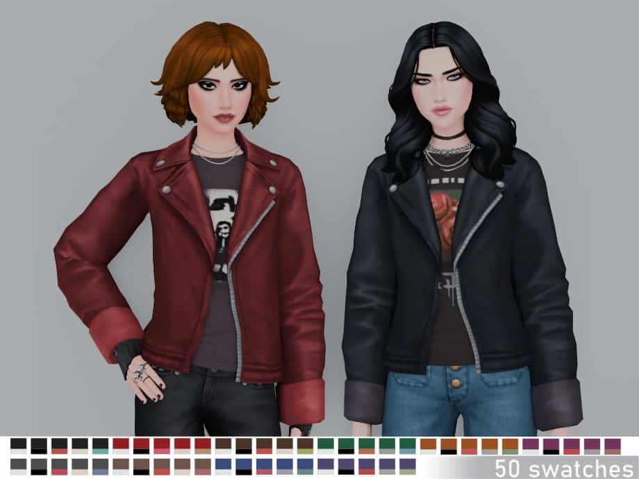 Leather jackets and casual denim outfits on animated female characters, showcasing stylish mod-inspired fashion for The Sims 4. Ideal for customizing sims with trendy, edgy looks.