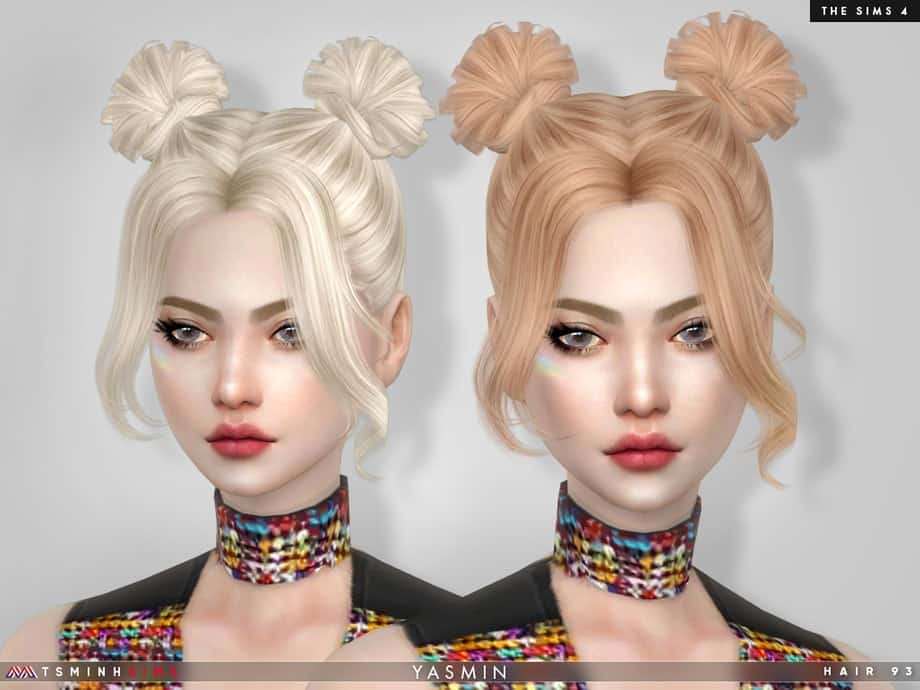 Blonde and rose-colored dual buns hairstyles for The Sims 4, featuring trendy hair mods for a stylish, playful look. Perfect for customizing your Sims' unique hairstyles and enhancing their appearance.