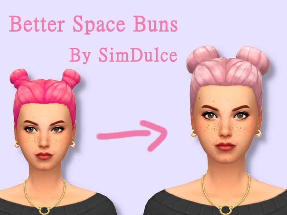 Better Space Buns hairstyle by SimDulce for The Sims 4, perfect for unique, stylish Sims; customizable space buns mod, popular Sims 4 mods, creative hair accessory ideas.
