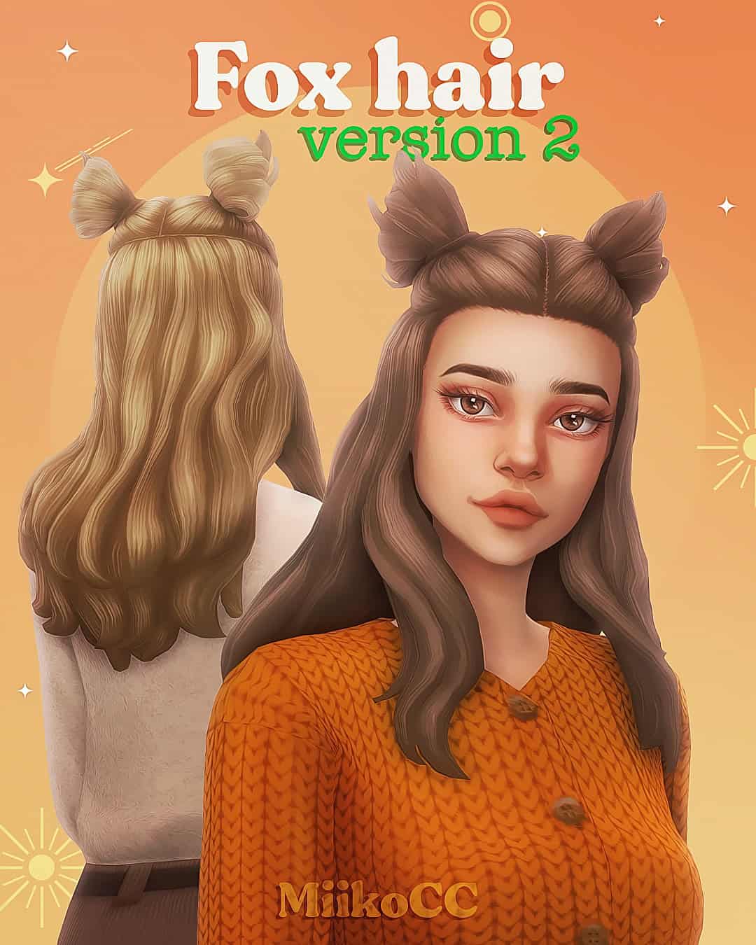 Silky brown fox hair hairstyle mod for Sims 4, featuring a double buns style and wavy long hair, ideal for custom character creation and enhancing gameplay.