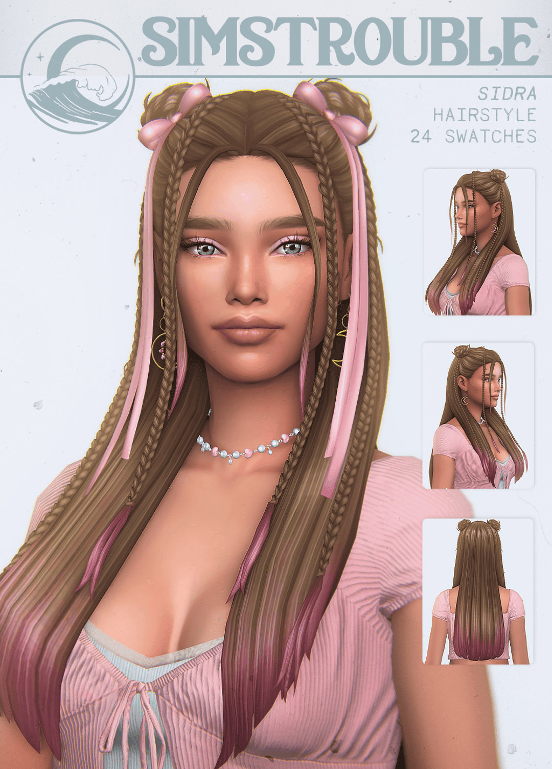 Braided hairstyle for Sims 4, pink hair accents, long straight hair with buns, casual pink top, colorful bead necklace, custom hair mod for Sims, trendy hairstyle for female Sims, Must Have Mods, Sims 4 hairstyles, Sidra hairstyle, 24 swatches.
