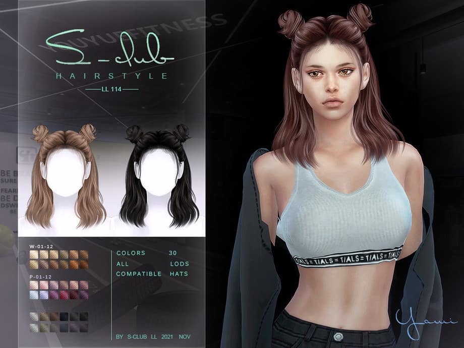 Luxury hair transformation styling, trendy two-bun hairstyle for women with colored hair, digital hair design for virtual avatars, customizable hair options in Must Have Mods, virtual fashion and hairstyle accessory for gaming.