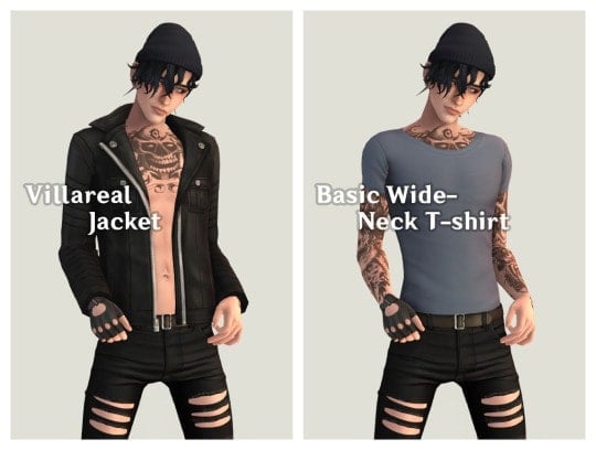 Stylish Villareal leather jacket and casual Basic wide-neck T-shirt for men, featuring edgy tattoos, black ripped jeans, and beanie for a modern, rebellious streetwear look.