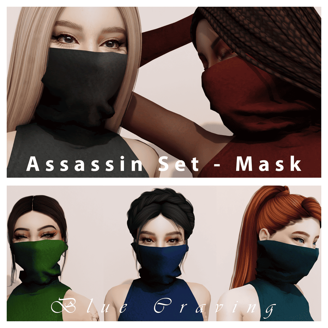 Black masked assassin set for stealth and concealment, stylish and functional face coverings for cosplay or role-play games.