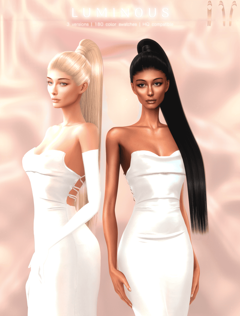 Blonde and brunette animated women in stylish white dresses with long, sleek hair for digital fashion or avatar customization.