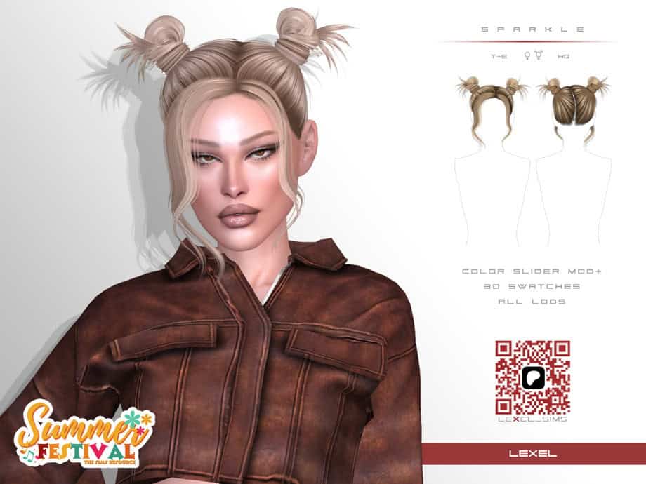 Must-have-mods-hair-style-bun-pigtails-summer-festival-2023-sims-4, hairstyle with dual buns and loose strands for teen, young adult, and adult sims in The Sims 4, perfect for summer-themed looks and cosplay.