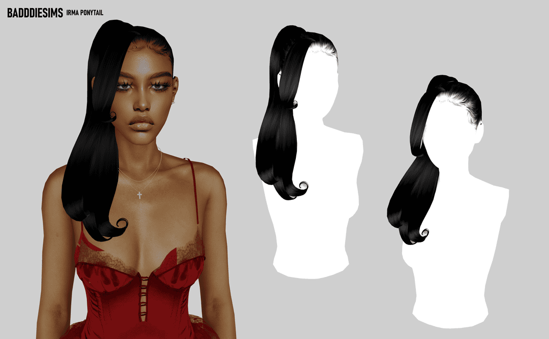Soft black Irma ponytail wig with sleek, shiny finish and structured waves, perfect for glamorous hairstyles and cosplay.