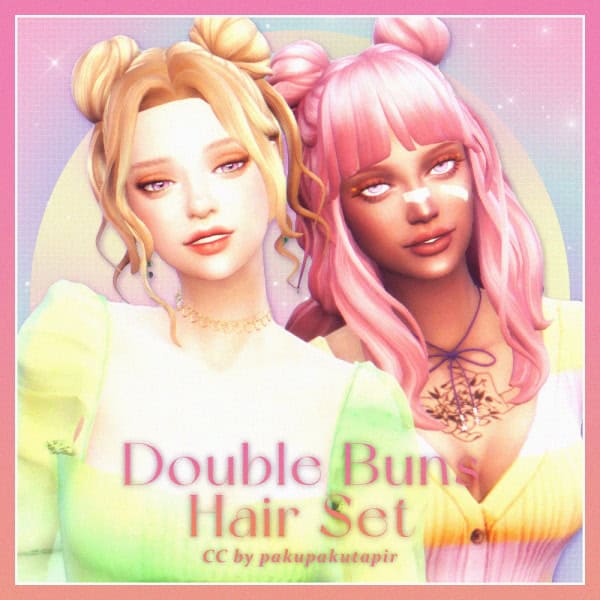 Blonde and pink-haired virtual avatars featuring double buns hairstyle, showcasing custom hair mods for enhanced gaming character customization.