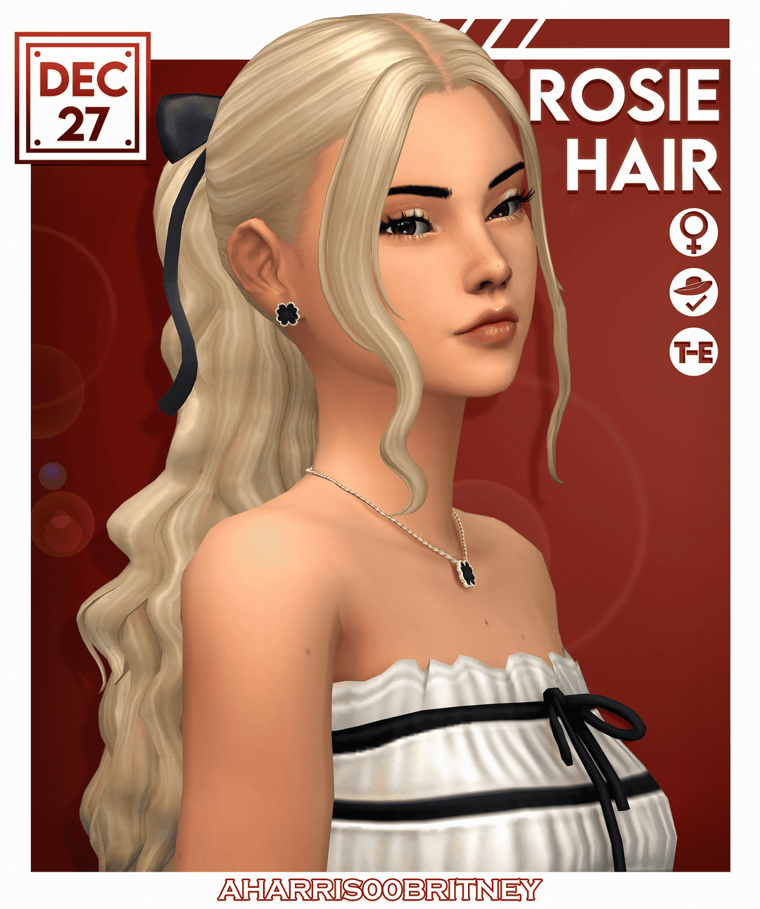 Blonde female avatar with rosie hair, styled with waves, wearing a black and white striped dress, accessorized with black flower earrings and matching necklace, on a red background for must-have mods gaming customization.