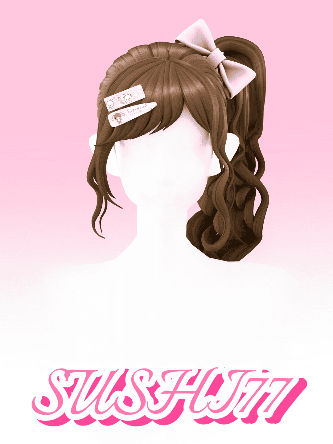Pink-haired anime-style wig with curly locks, bow, and cute hair clips, designed for cosplay and fashion enthusiasts seeking a unique, stylish accessory. Perfect for enhancing cosplay looks.