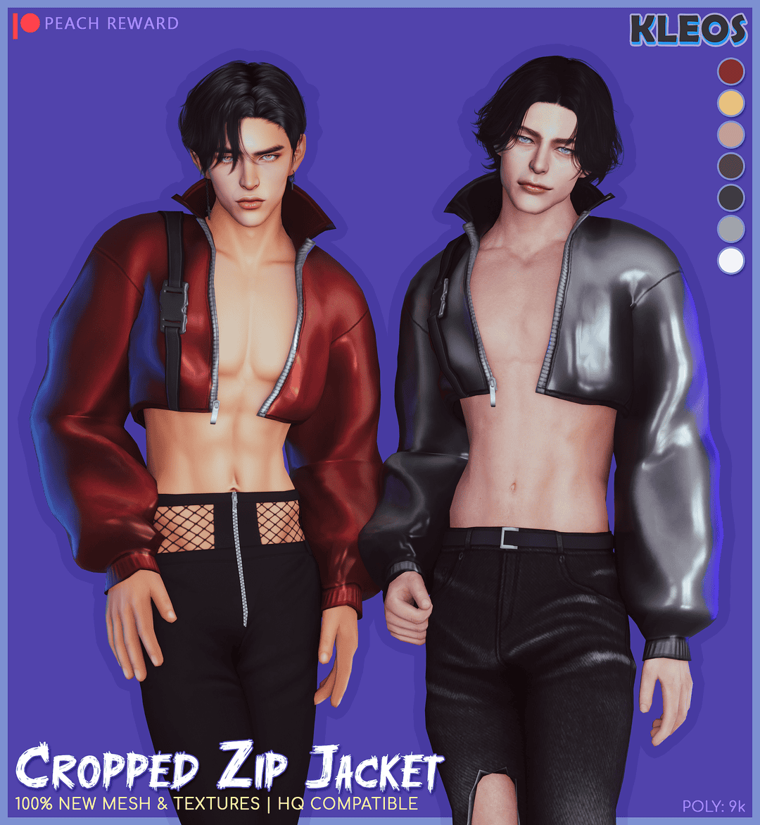 Red and black cropped zip jacket with mesh details and shiny leather texture, suitable for virtual fashion mods in The Sims. Perfect for stylish, edgy character customization.