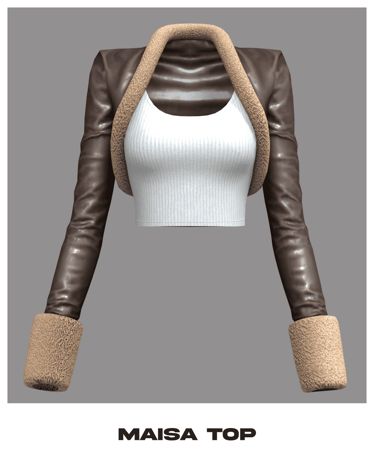 Fluffy beige jacket with brown leather sleeves and beige cuffs on sleeves, white ribbed crop top, casual streetwear style, trendy and comfortable fashion piece, Must Have Mods design, digital rendering.