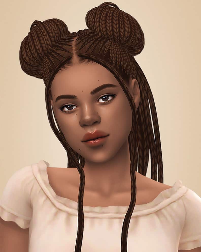 Braided hairstyle with twisted buns and long box braids, young woman with natural makeup, wearing a cream ruffled top, digital art illustration, Must Have Mods image.