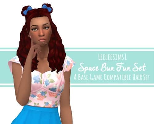 Detailed, colorful Space Bun Fun Set hair style for Sims, compatible with base game, featuring vibrant space-themed buns and accessories for a creative look in The Sims 4.