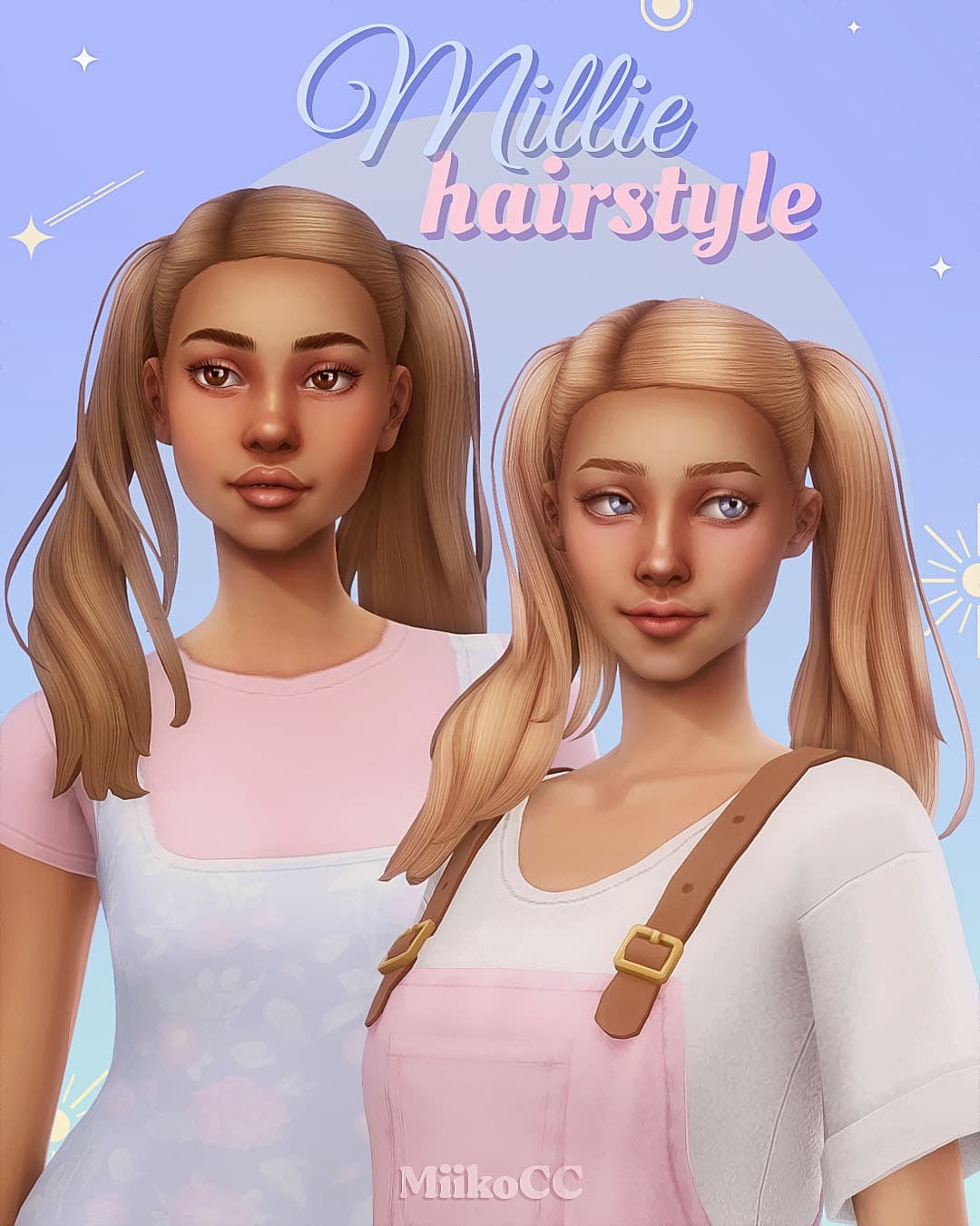 Cute animated girl characters with stylish pigtailed hairstyles, perfect for Sims 4 mods and custom content.