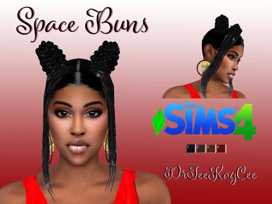 Space buns hairstyle for The Sims 4, black braided hairstyle, trendy space buns with long braids, custom hair mod for Sims 4, must-have Sims hairstyle, creative hair mod for Sims 4, popular Sims 4 hair mod, hairstyle by DrJeeKayCee.