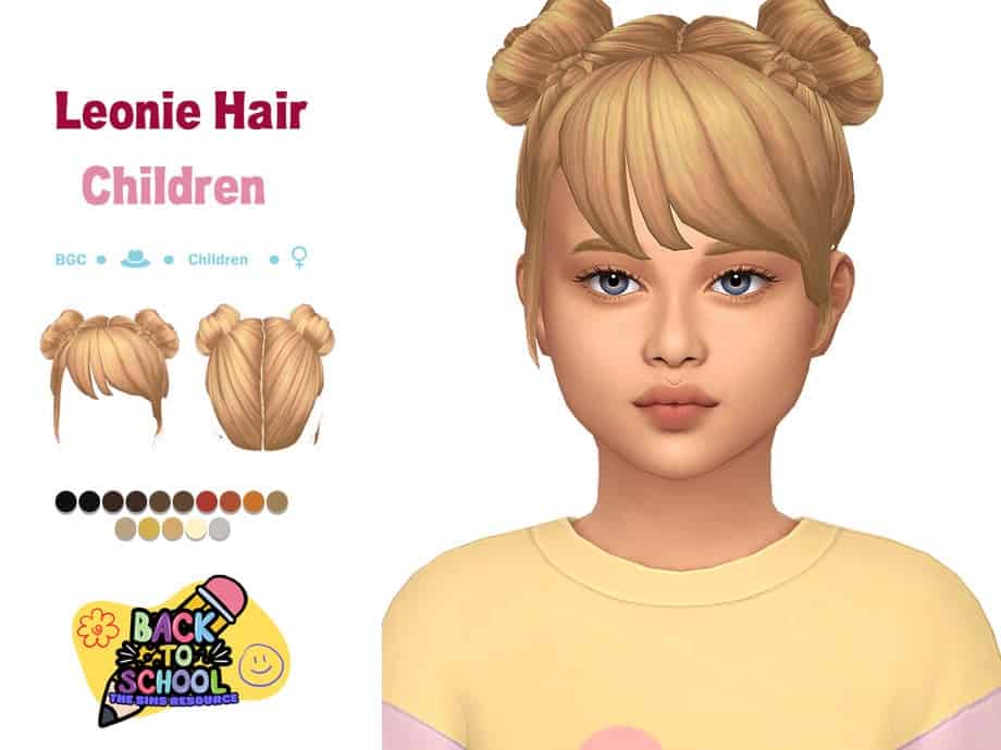 Leonie Hair children hairstyle for Sims 4, featuring twin buns and bangs, in various hair color options for custom children characters.