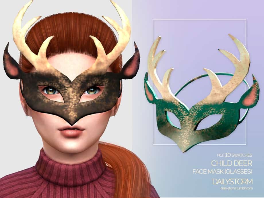 Deer face mask with antlers for child character in The Sims 4, Halloween costume accessory, gaming cosplay mask, woodland creature face covering, must-have Sims holiday accessory.