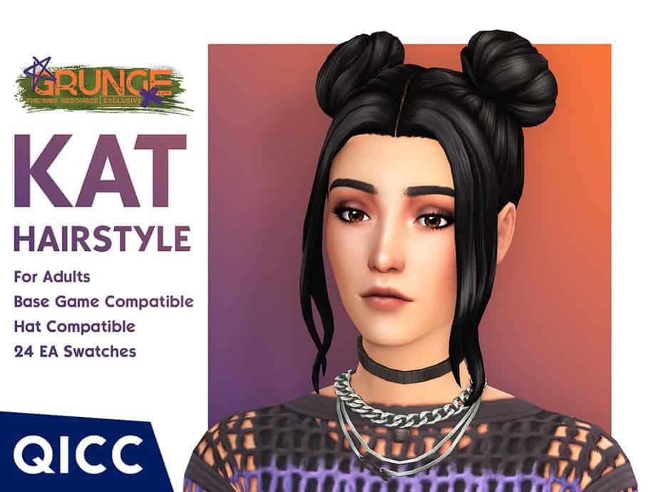 KAT hairstyle for Sims 4, adult character, compatible with base game and hats, featuring a trendy double bun style, 24 EA swatches for customization, ideal for modern and stylish character creation.