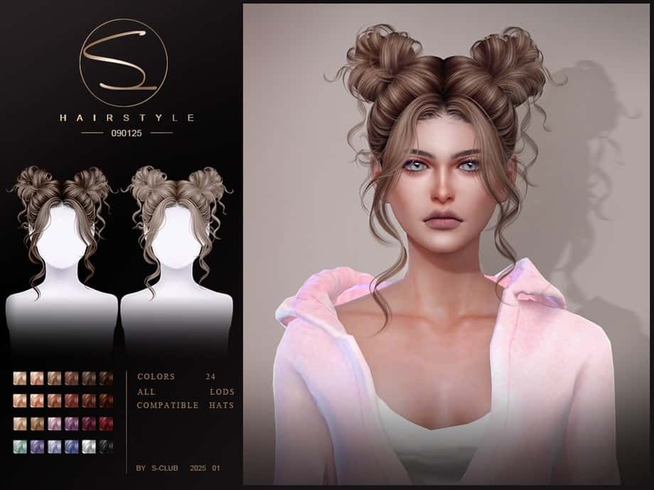 Synthetic curly hairstyle with double buns and loose strands, suitable for virtual avatars, available in multiple hair colors for customizable gaming or social media avatars.