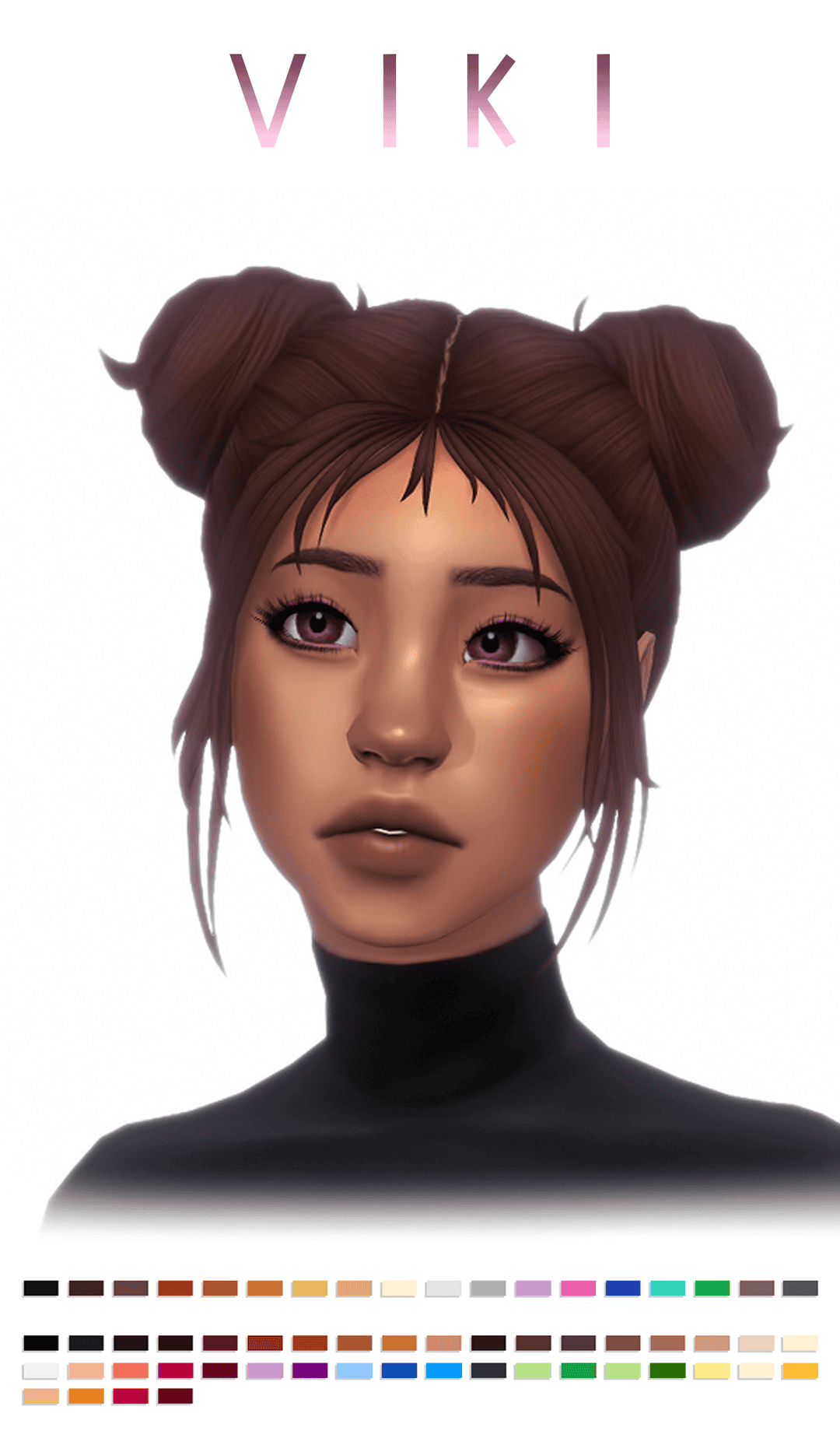Vivid anime-style female avatar with brown hair styled in twin buns, purple eyes, and a black turtleneck sweater, showcasing virtual character customization options for Must Have Mods.