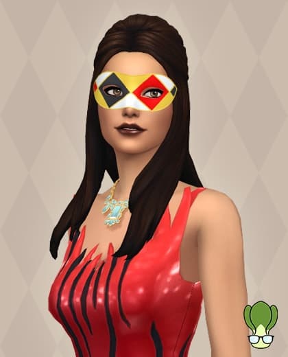 Vampire Survivor's Miss Malice mod character with a colorful superhero mask and stylish red dress, showcasing popular game modifications for enhanced gameplay experience.