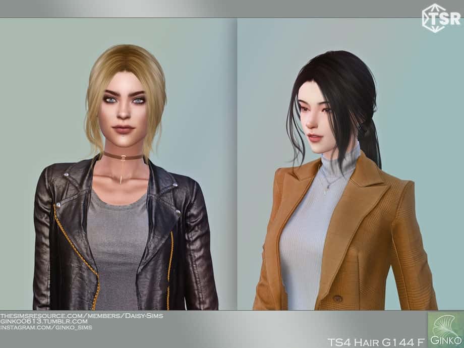 Blonde woman with edgy makeup wearing a leather jacket and gray top, showcasing customizable Sims 4 hairstyle mods for a modern fashion look.