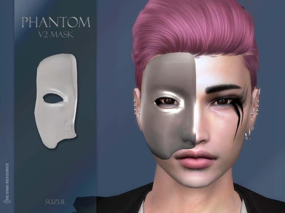 Intricate half-face Phantom V2 mask for The Sims 4, featuring sleek metallic design and detailed eye makeup, perfect for custom character modifications.