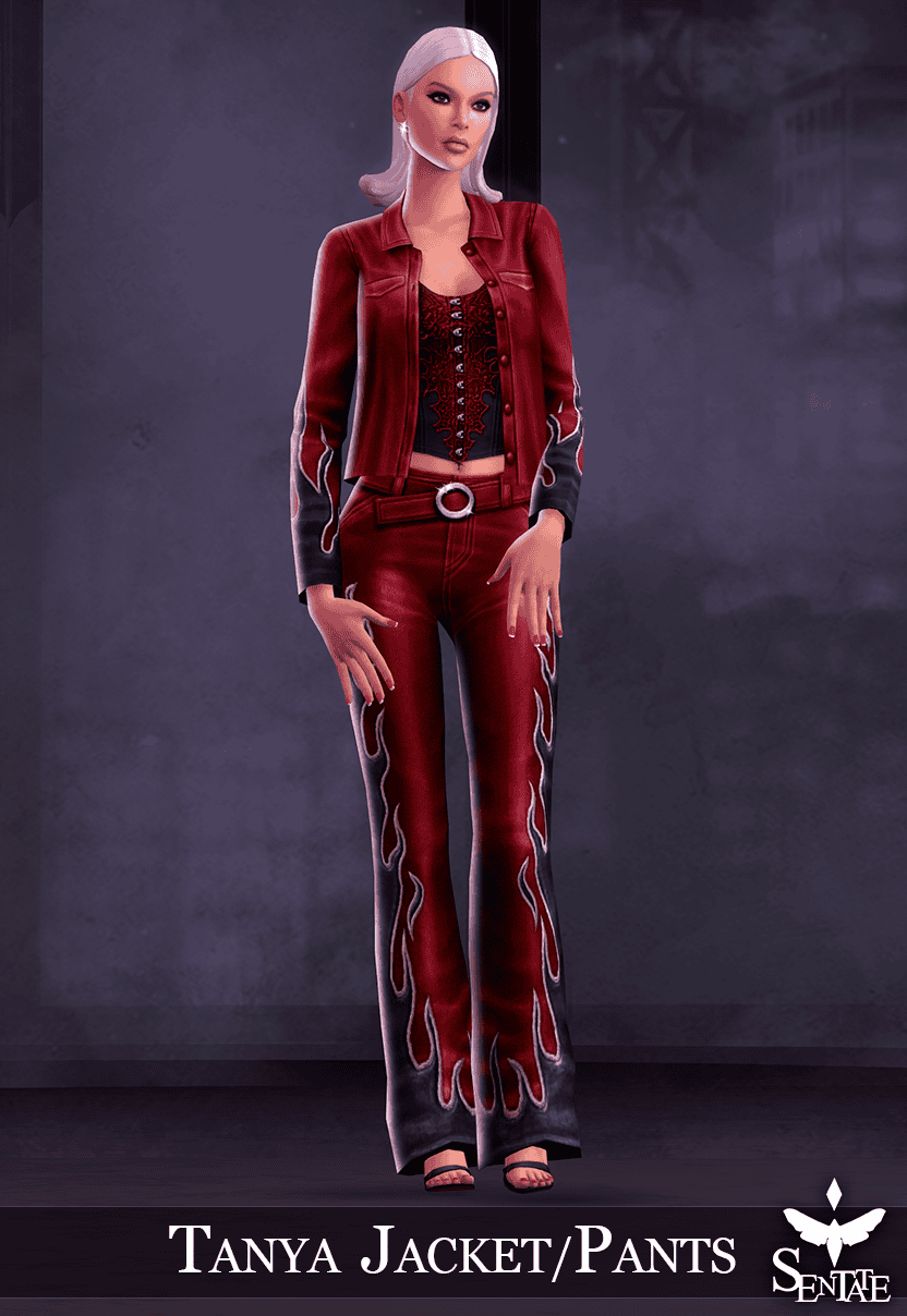 Red leather Tanya jacket and pants with flame design for The Sims 4, stylish digital clothing mod, fashionable outfit for female Sims, Must Have Mods, high-quality custom content, urban fashion style, trendy Sims clothing.