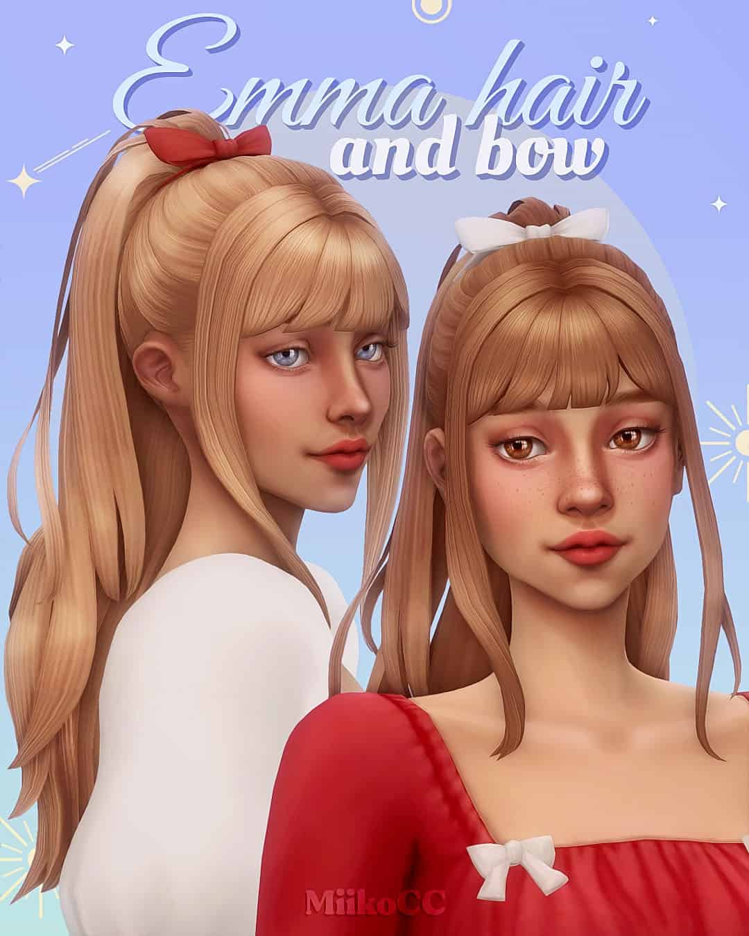 Emma hair and bow mod for Sims 4, female hair with bows, cute hairstyle, character customization, must-have mod for stylish Sims, emma hair accessory for Sims 4.
