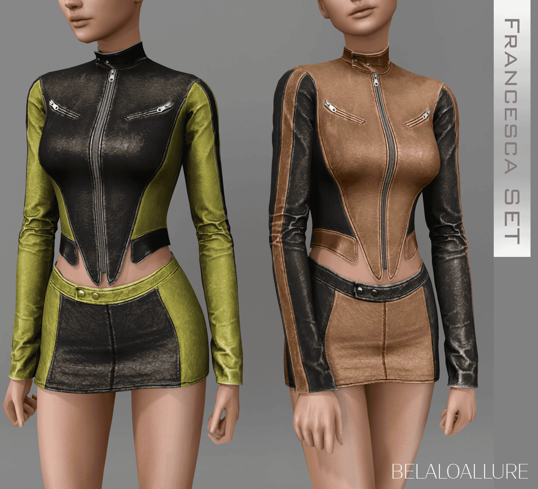 Leather and faux leather women's moto jacket and mini skirt fashion set showcasing edgy, stylish look with zipped details, perfect for fashion mods.